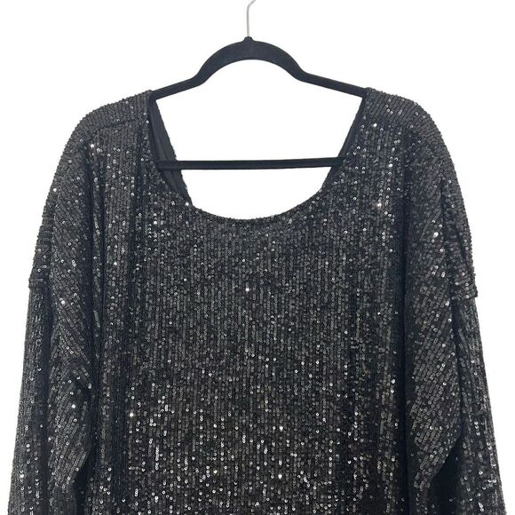 ASOS DESIGN Curve Size 20 Long Sleeve V Back Sequin Mini Dress in Black - Picture 2 of 4